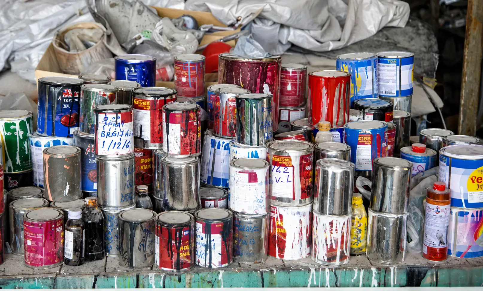 Cluttered industrial paint storage station